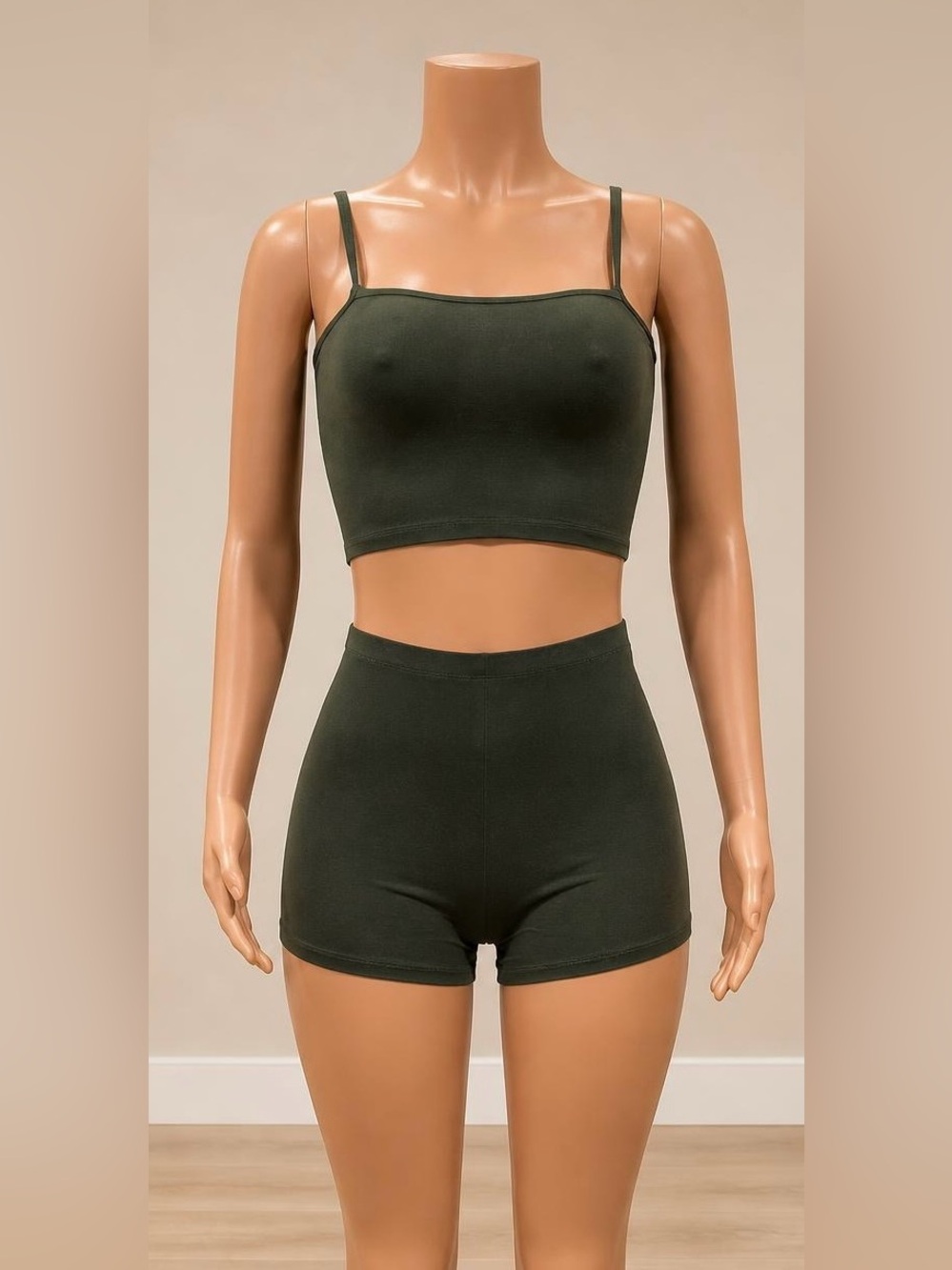 Fashion Nova Dark Olive Green Crop Cami High Rise Shorts 2 Piece Set S NWT